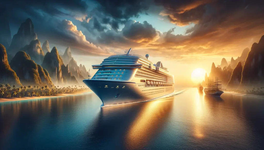 A luxurious cruise ship sailing into the sunset with exotic destinations in the background showcasing the beauty and appeal of cruise vacations