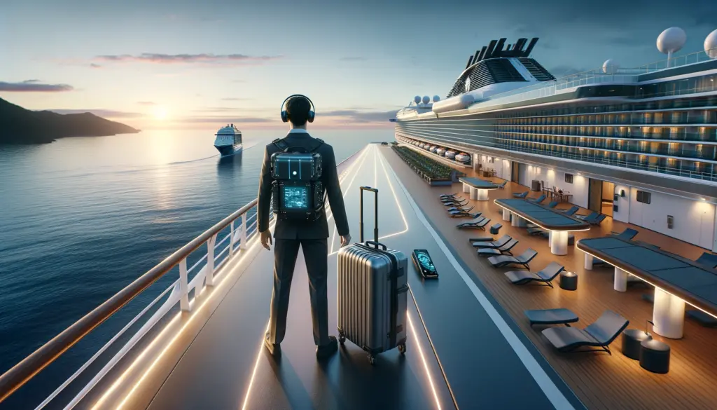 A person preparing for a cruise trip in 2024 with luggage and advanced technology on the deck of a modern cruise ship looking towards the oceanic cruise