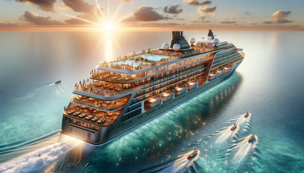 a luxury cruise ship sailing on crystal clear waters at sunset highlighting sustainable technology