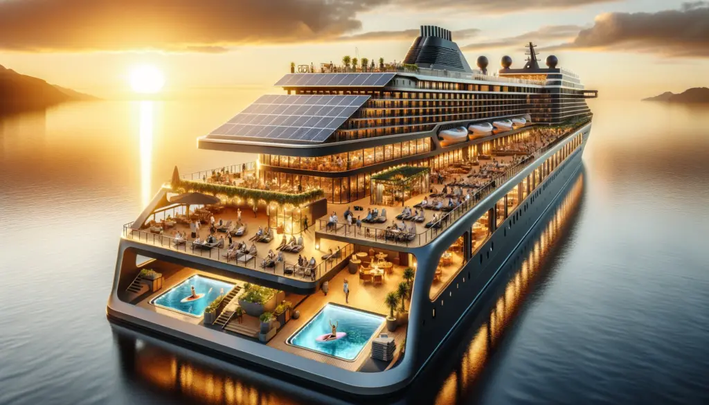 a modern cruise ship at sunset highlighting technological and sustainable innovations with passengers enjoying
