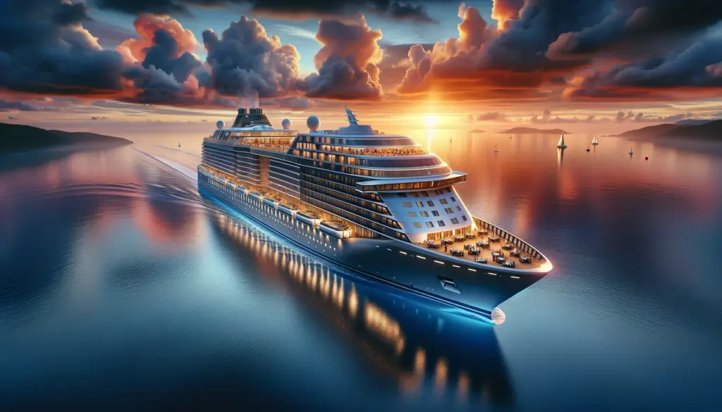 a modern luxurious cruise ship at sunset with the ocean around it calm and reflecting the vibrant colors