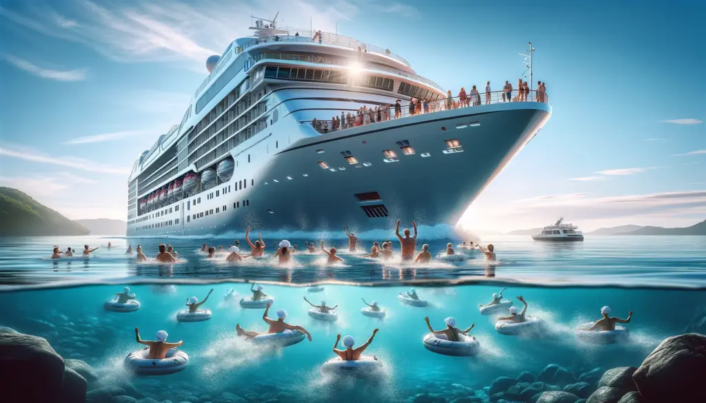 crucero de lujo navegando en aguas cristalinas bajo un cielo azul despejado con personas disfrutando de actividades al aire libre