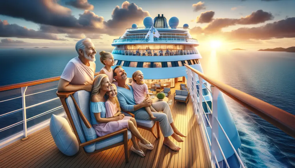 familia disfrutando en la cubierta de un crucero moderno con el oceano de fondo y un atardecer espectacular