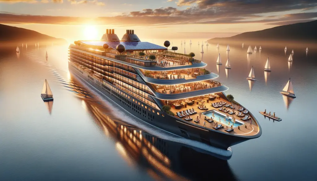 modern cruise ship at sunset highlighting technological and sustainable innovations